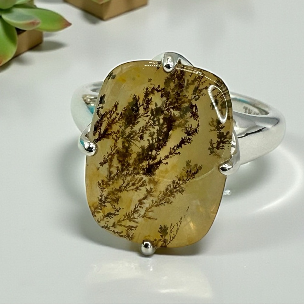 Sterling Silver Moss Agate Ring Size 8 Dendritic Gemstone Nature Inspired 4.3 gr